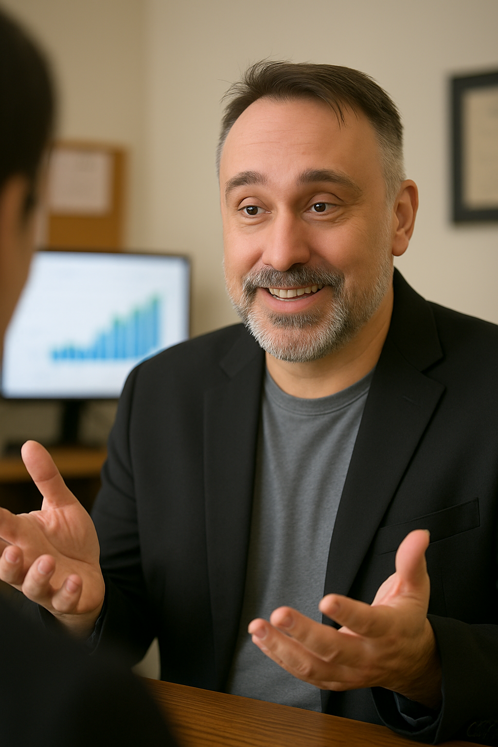 ChatGPT Image Apr 24, 2025, 09_37_03 AM Glenn Murano, founder of Southington Digital Solutions, smiling and explaining marketing results to a client during a casual meeting. He’s wearing a black blazer over a gray shirt, seated at a desk with a computer in the background displaying a rising bar graph.