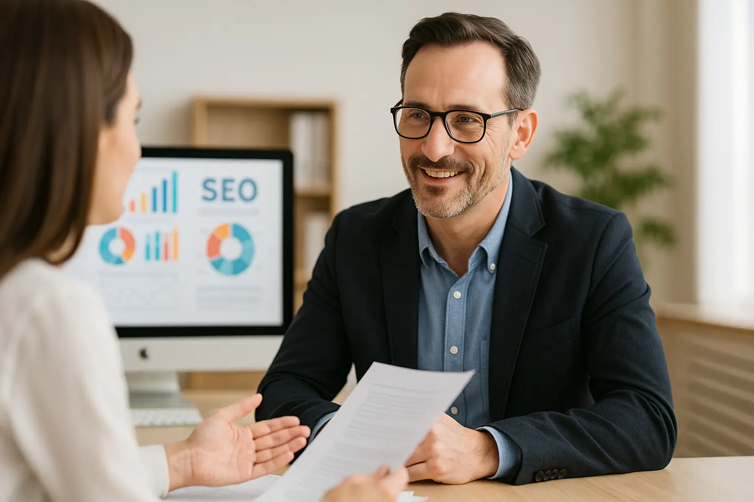 Smiling marketing consultant in business attire discussing SEO strategy with a client across the table, with SEO analytics displayed on a computer screen in the background.
