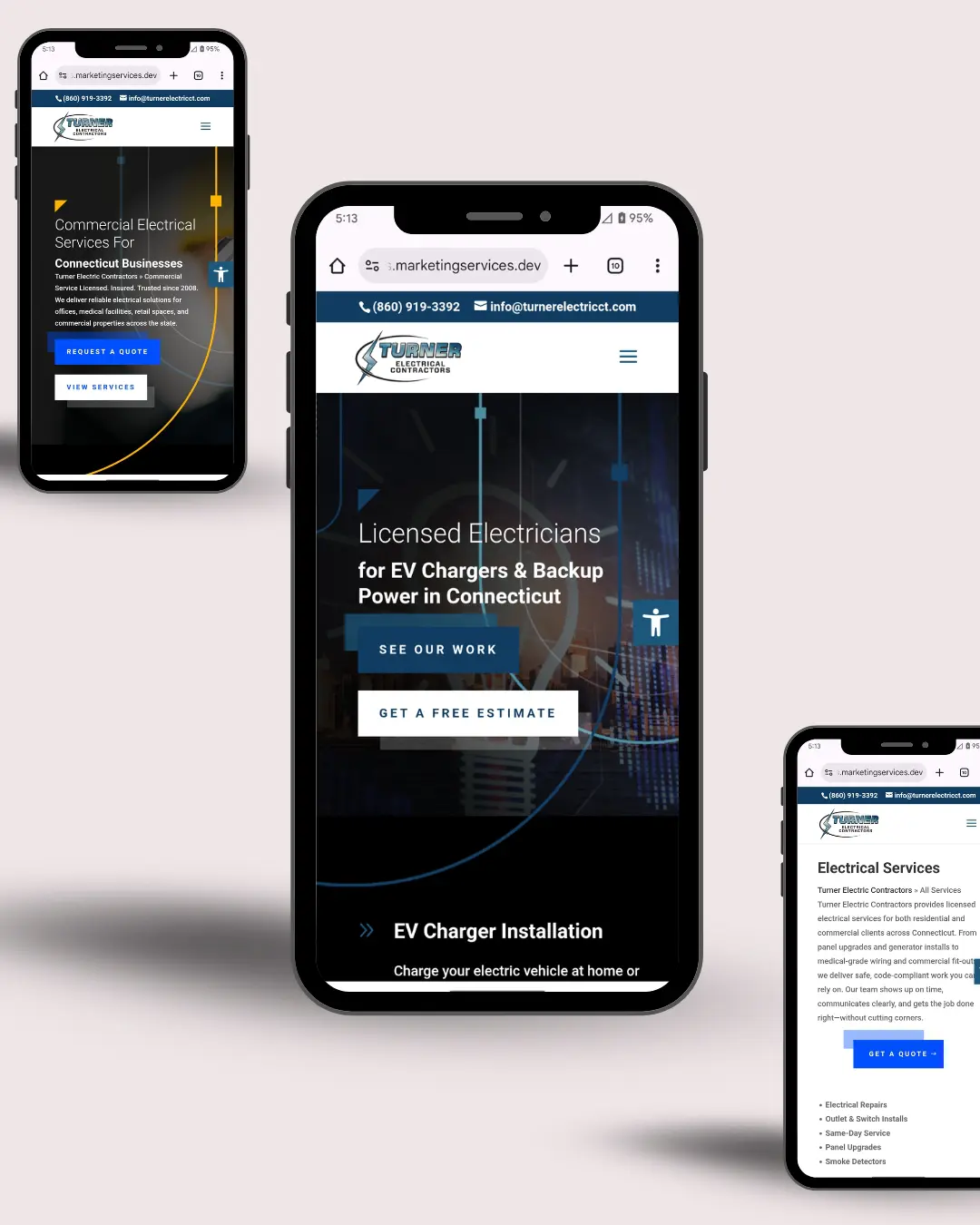 turner electric mobile website Mobile view mockup of Turner Electric Contractors website featuring commercial electrical services, EV charger installation, and a service request interface with clean, responsive design on three smartphones.