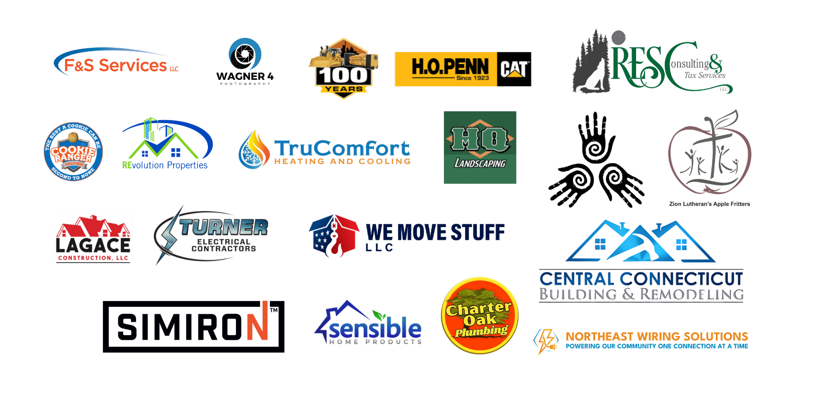 “Logos of businesses partnered with Southington Digital Solutions including F&S Services, Wagner 4 Photography, HO Penn CAT, RES Consulting & Tax Services, Revolution Properties, TruComfort Heating and Cooling, HQ Landscaping, Lagace Construction, Turner Electrical Contractors, We Move Stuff, Central Connecticut Building and Remodeling, Simiron, Sensible Home Products, Charter Oak Plumbing, and Northeast Wiring Solutions