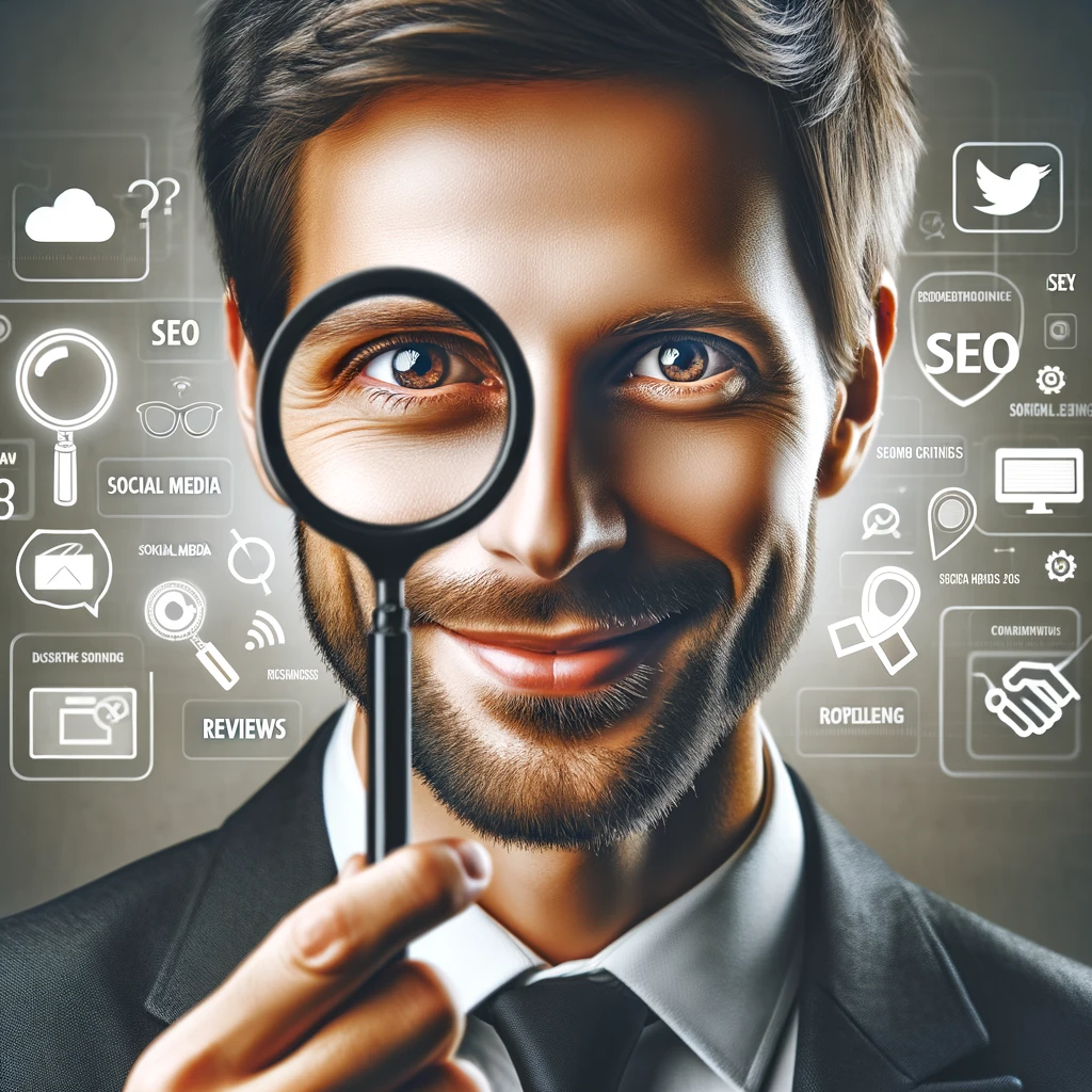 Animated business owner using a magnifying glass to explore digital marketing symbols representing SEO, social media, and online reviews, reflecting curiosity and anticipation for digital discovery.