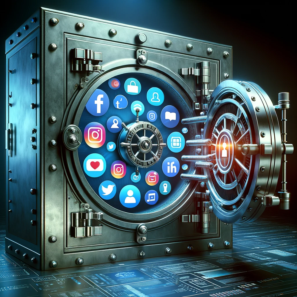 Open digital vault with icons of social media and business tools symbolizing secure online presence management.