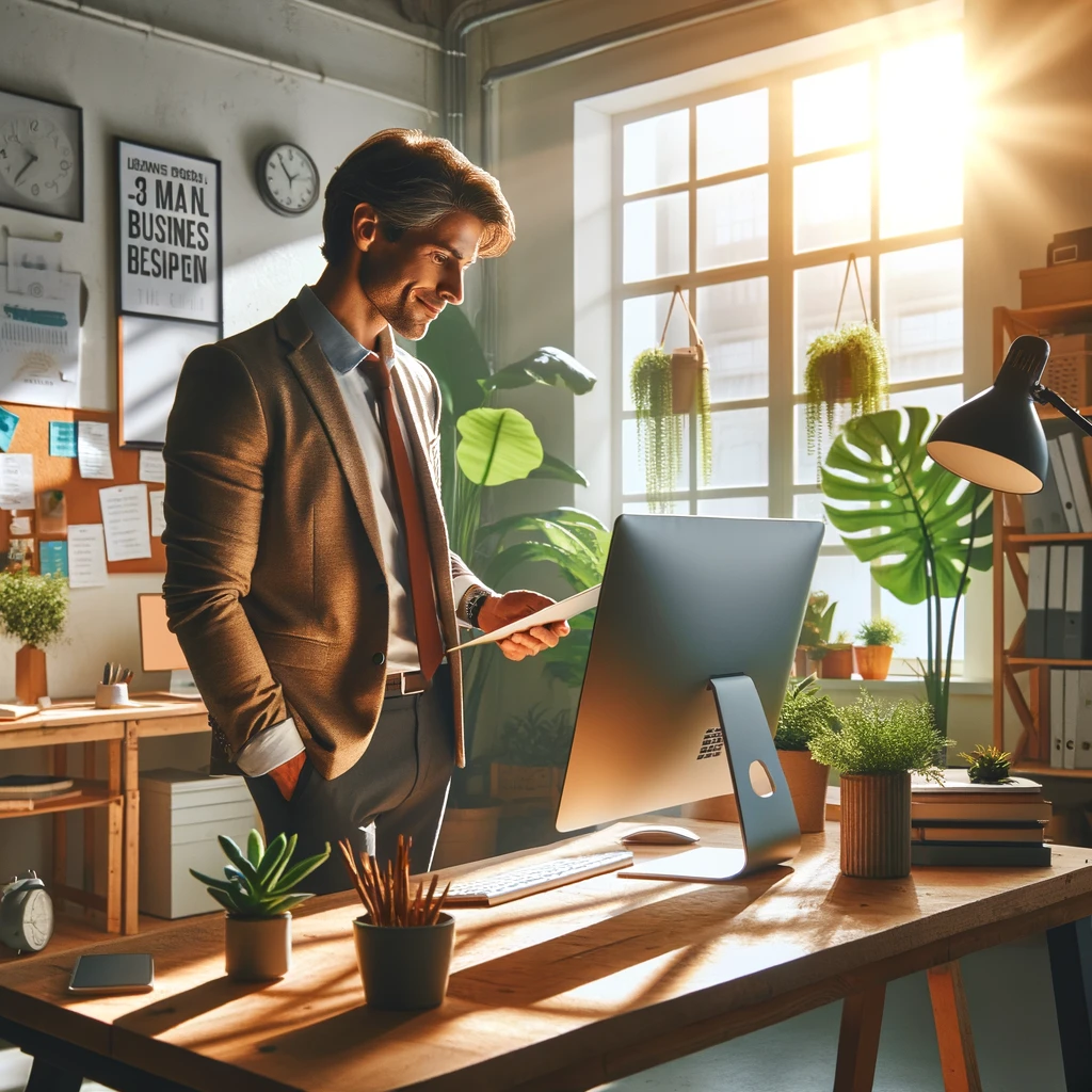 A business person feeling optimistic while reading an informative blog post on a computer in a bright, plant-filled office.