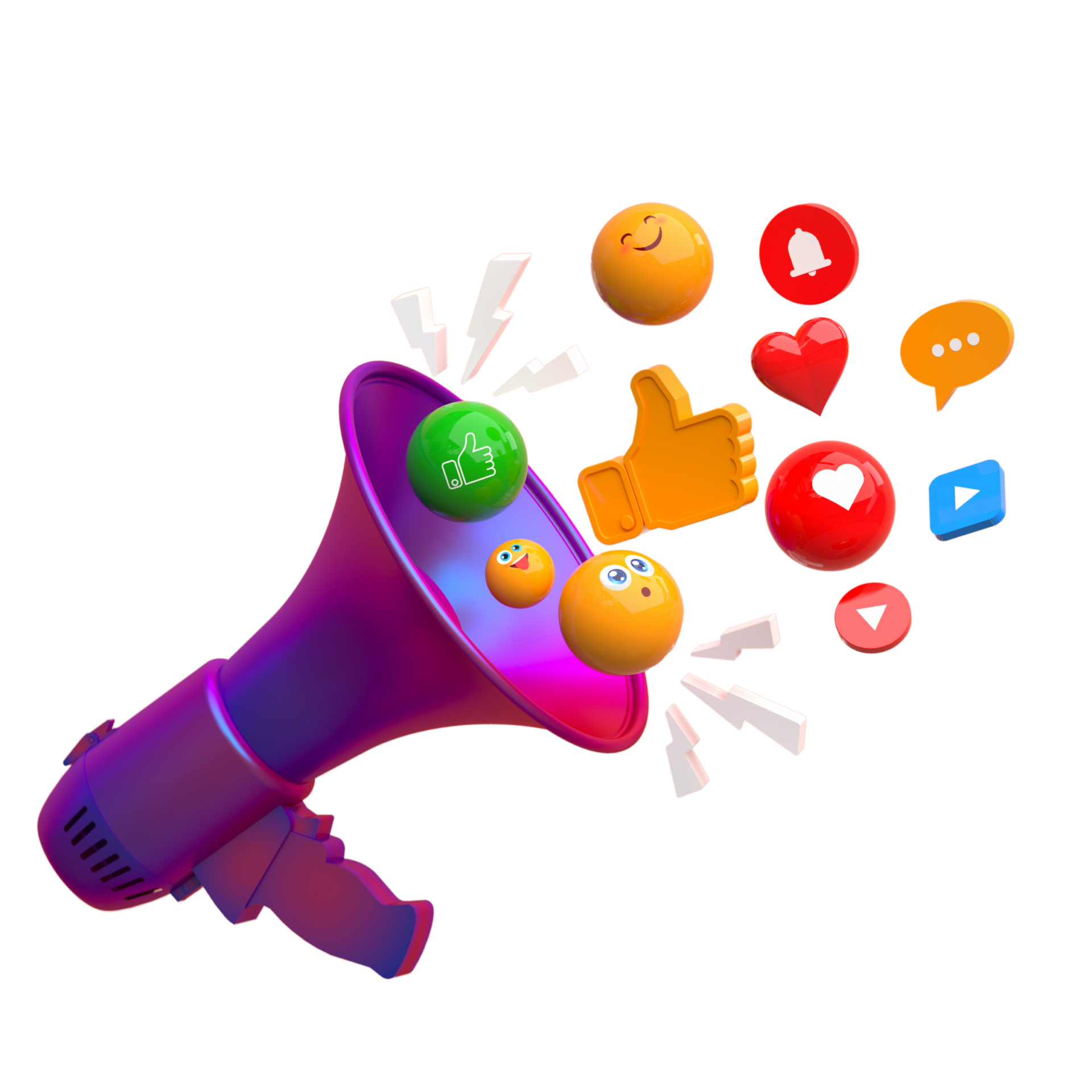 3D digital illustration of a colorful megaphone emitting social media engagement icons, including thumbs up, heart, chat bubble, notification bell, and emoji reactions, symbolizing digital marketing, audience interaction, and brand promotion.