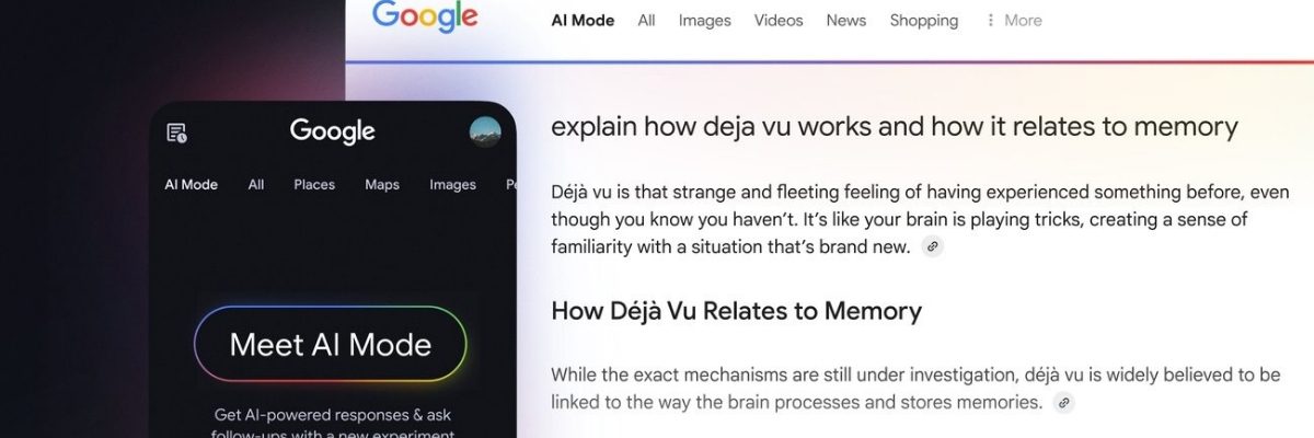 A screenshot of Google's AI Mode interface and search results. On the left, a dark-themed panel promotes "Meet AI Mode" with the subtitle "Get AI-powered responses & ask follow-ups with a new experiment." On the right, a search result explains how déjà vu works and its relation to memory, stating that déjà vu is the feeling of familiarity with something never experienced and may relate to how the brain processes and stores memories. The page includes standard Google navigation options at the top.