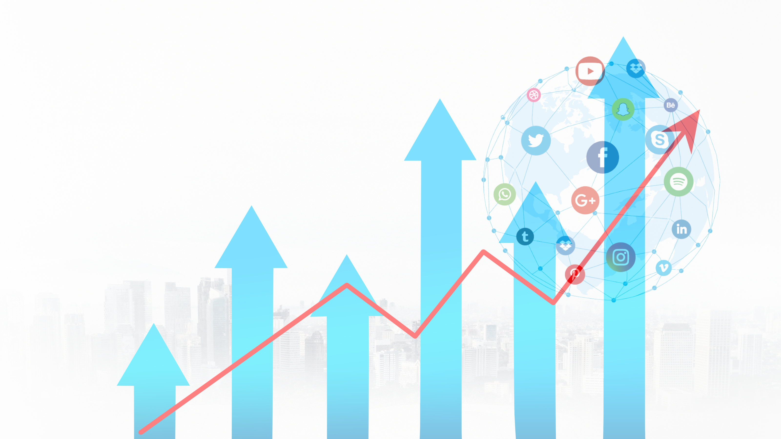 Illustration showing upward-pointing blue arrows with an ascending red line, symbolizing business growth driven by digital marketing and social media strategies, set against a subtle cityscape background.