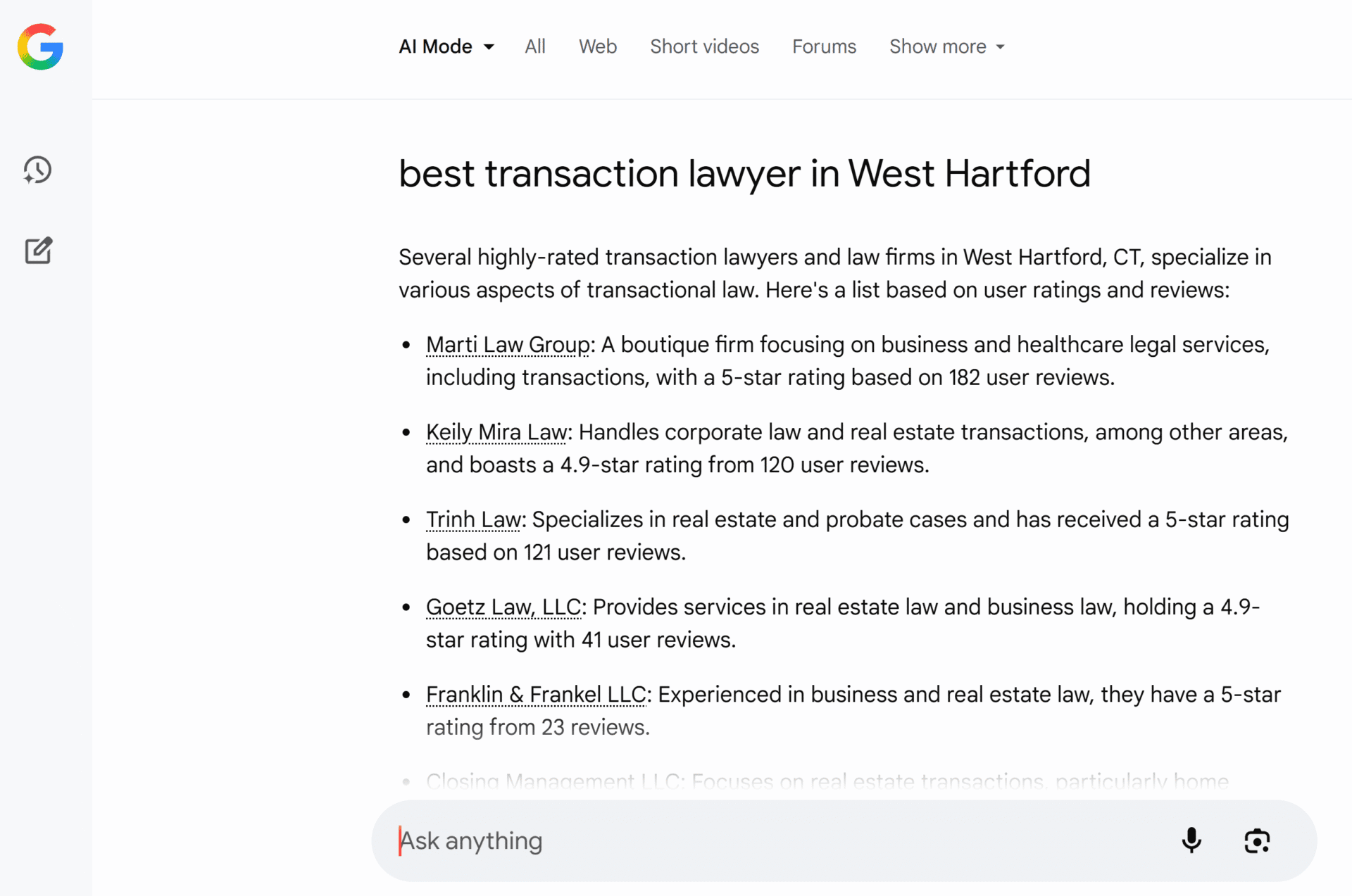 Google search AI-generated answer for 'best transaction lawyer in West Hartford,' listing several highly-rated law firms with descriptions and user ratings. Firms include Marti Law Group, Keily Mira Law, Trinh Law, Goetz Law LLC, and Franklin & Frankel LLC, with ratings ranging from 4.9 to 5 stars.